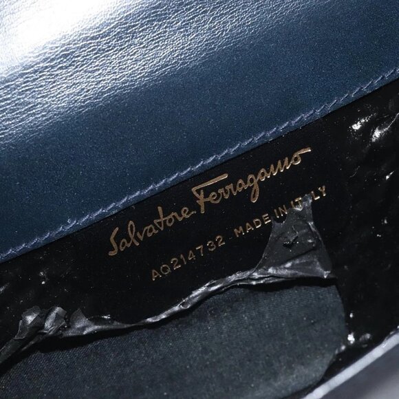 Salvatore Ferragamo Gancini Chain Shoulder Bag Leather Navy Gold - Picture 11 of 16